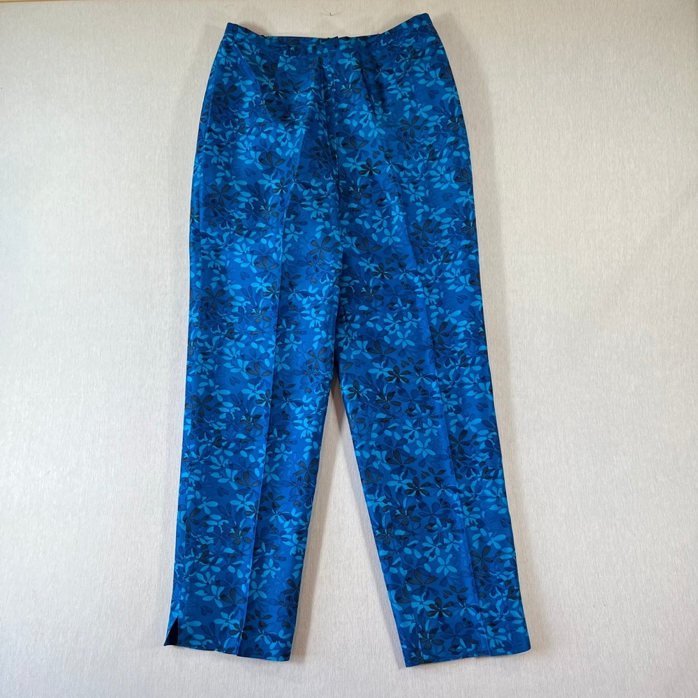 Vintage David Warren Petites Pants 10P 100% Silk Straight Blue Floral 26.5" Ins